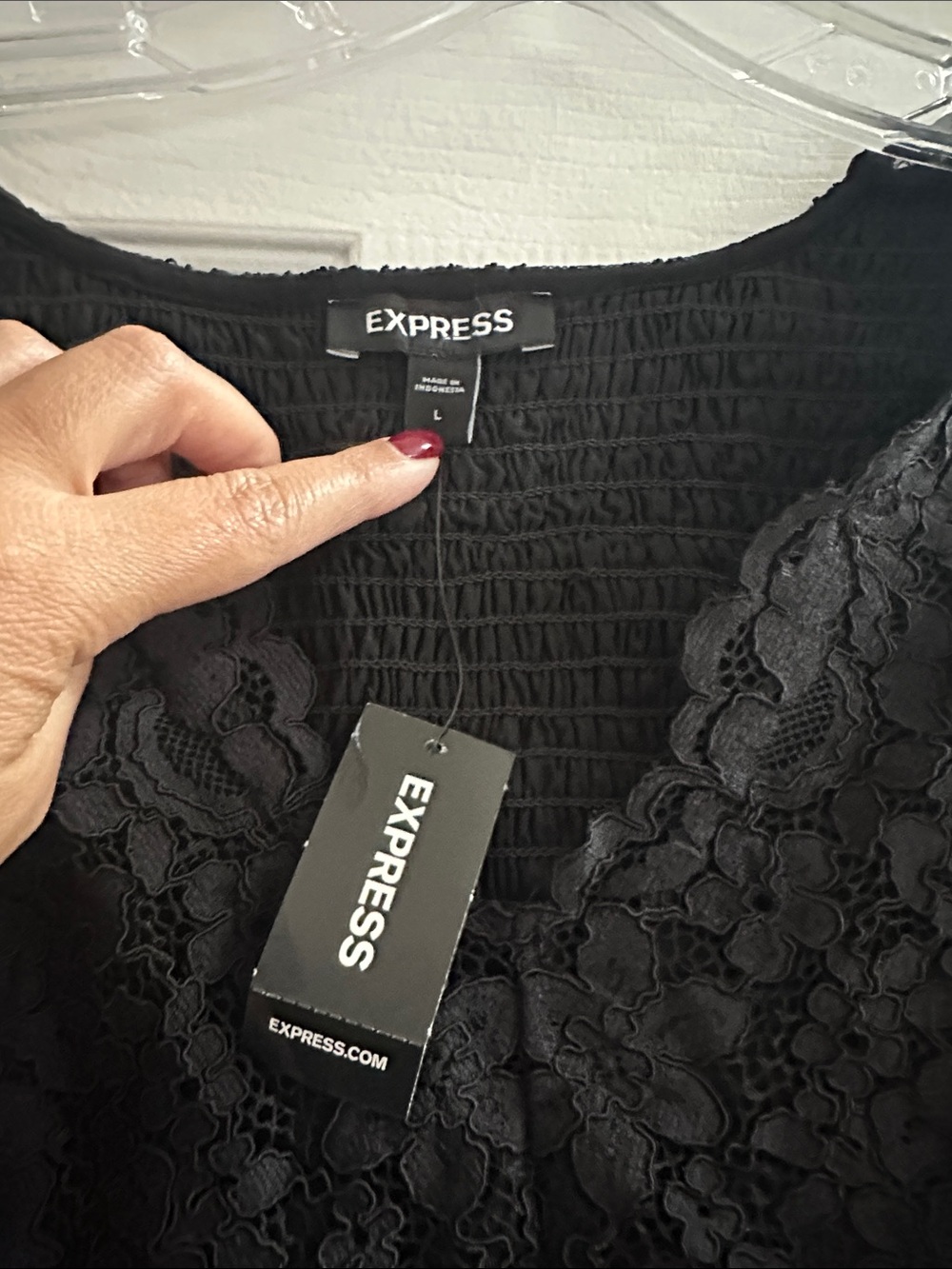 Express Black Floral Lace Ruched Top Y2K Coquette Goth L NWT delicate Feminine - Picture 2 of 7
